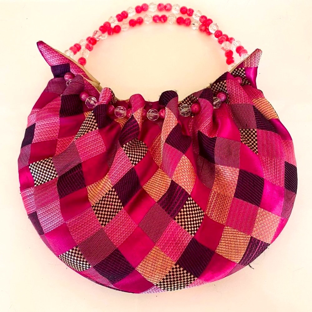Pink Silk & Beaded Handle Handmade Purse